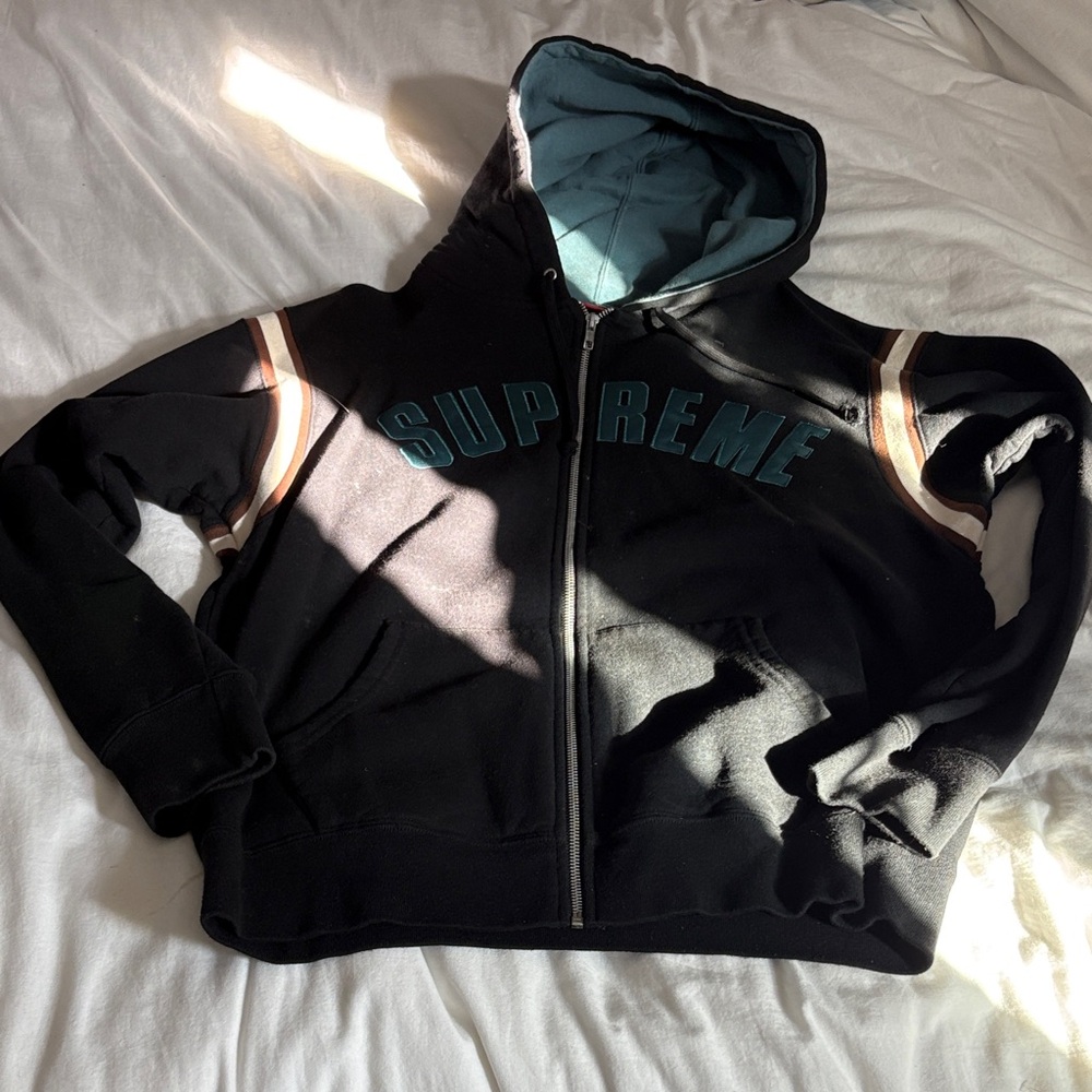 Supreme Jet Sleeve Black and Teal Zip-Up Hoodie SS2019 - Picture 1 of 4